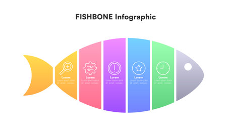 Colorful Fishbone Diagram Infographic with Icons and Five-Step Process Vector Illustrationのイラスト素材