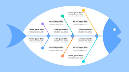 Vibrant Fishbone Diagram with Structured Branches and Text Nodes for Creative and Organized Presentation on a Light Blue Backgroundのイラスト素材