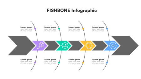 Colorful Fishbone Diagram Infographic with Arrows and Icons Vector Illustrationのイラスト素材