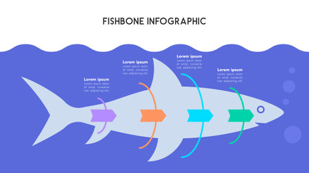 Colorful Fishbone Diagram Infographic in Shark Shape for Step-by-Step Analysis Vector Illustrationのイラスト素材