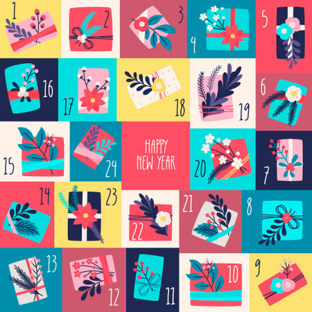 Colorful Festive Gift Boxes with Botanical Decorations for New Year Celebration in Grid Layoutのイラスト素材