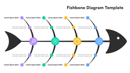 Minimalist Fishbone Diagram Template with Colorful Nodes and Black Spine Vector Illustrationのイラスト素材