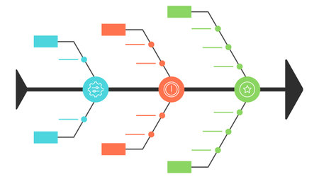 Modern Fishbone Diagram with Color-Coded Sections and Icons for Analysis Vector Illustrationのイラスト素材