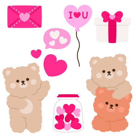 Cute Valentine's Day Bear Stickers with Hearts and Gifts Vector Illustrationのイラスト素材