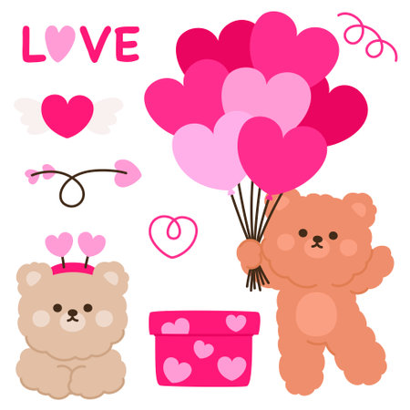 Valentine's Day Bear Stickers with Heart Balloons and Love Icons Vector Illustrationのイラスト素材