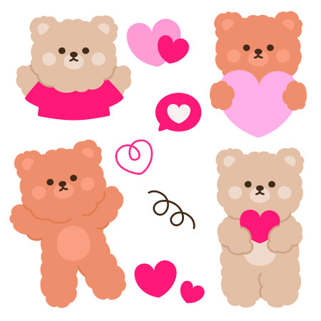 Teddy Bears Holding Hearts and Valentine Decorations Vector Illustrationのイラスト素材