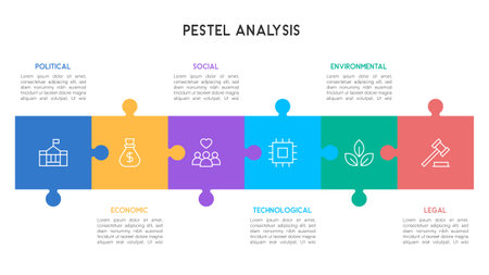 PESTEL Analysis Infographic with Interconnected Puzzle Pieces and Business Icons Vector Illustrationのイラスト素材