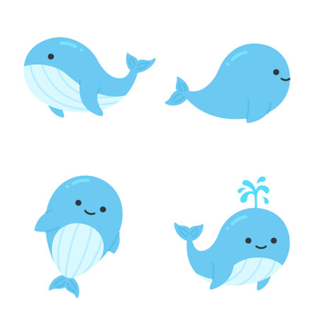 Cute Blue Whale Cartoon Set with Smiling Expressions and Playful Poses Vector Illustrationのイラスト素材