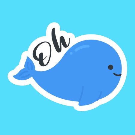 Cute Blue Whale Sticker with Handwritten Oh Text on Light Blue Backgroundのイラスト素材