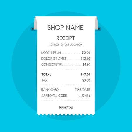 Hanging Store Receipt with Price Details on Blue Circular Background Vector Illustrationのイラスト素材