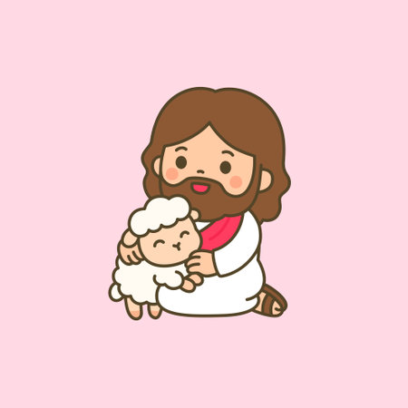 Jesus hugs a peaceful lamb with no verse or captionのイラスト素材