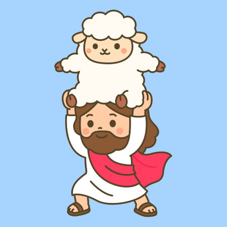 Jesus raising a happy sheep overhead with no verse shownのイラスト素材