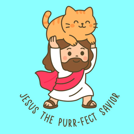 Jesus lifts a smiling orange cat with the caption Jesus the Purrfect Saviorのイラスト素材