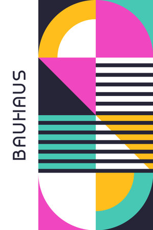 Colorful Geometric Bauhaus Poster with Half Circles and Vertical Elements Vector Illustrationのイラスト素材