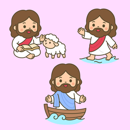 Cute Cartoon Jesus Reading Scripture beside a lamb, Walking on Water, and Sailing Boat Vector Illustrationのイラスト素材
