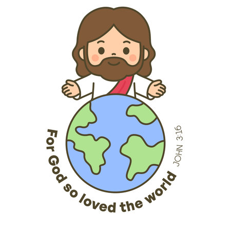 Smiling Jesus with Open Arms Above Earth with John 3:16 Bible Verse Illustration Vector Illustrationのイラスト素材