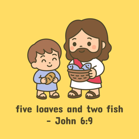 Jesus Holding Basket of Fish with Child and Five Loaves Two Fish Verse Vector Illustrationのイラスト素材