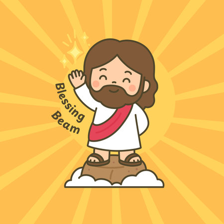 Jesus with Raised Hand Sending Blessing Beam with Yellow Light Rays Vector Illustrationのイラスト素材