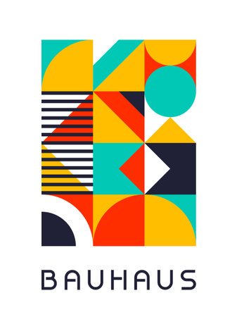 Colorful Bauhaus Composition with Striped Details and Angular Modular Shapes Vector Illustrationのイラスト素材