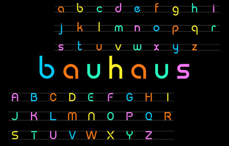 Full Bauhaus Letter Set with Color-Coded Lowercase and Uppercase on Lined Black Background Vector Illustrationのイラスト素材