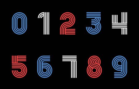 Vector Illustration of Retro Striped Line Numbers in Red, Blue, and White on Blackのイラスト素材