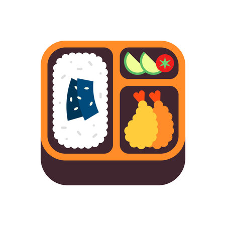 Orange Bento Box with Shrimp Tempura, Cucumber Slices, Tomato, and Rice in Flat Style Vectorのイラスト素材