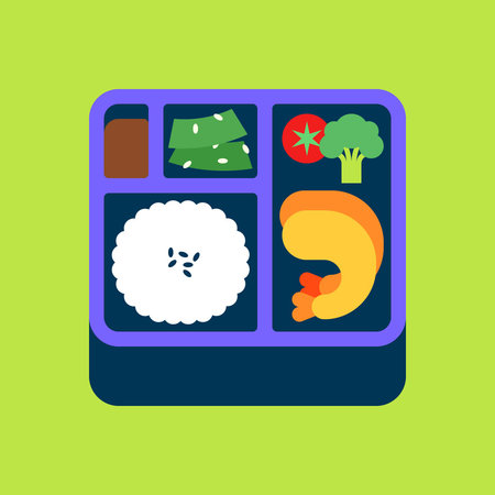 Colorful Japanese Bento Box with Fried Shrimp, Rice, Seaweed, Broccoli, Tomato, and Soy Sauce Vector Illustrationのイラスト素材