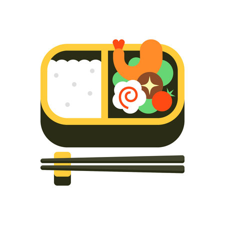Oval Bento Lunch with Fried Shrimp, Fish Cake, Tamago, and Assorted Vegetables in Yellow Rimmed Boxのイラスト素材