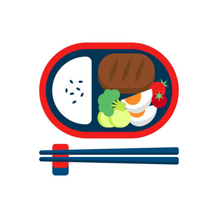 Oval Bento Box Vector with Steak, Rice, Broccoli, Boiled Egg, and Tomato with Chopsticksのイラスト素材