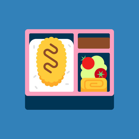 Flat Vector Illustration of Japanese Bento Box Featuring Tonkatsu, Rice, Tamagoyaki, and Vegetables on Blue Backgroundのイラスト素材