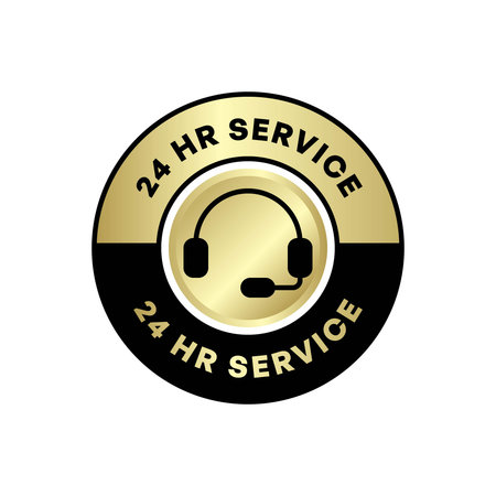 24 Hour Customer Service Badge with Gold Headset Icon and Bold Black Circle Vector Illustrationのイラスト素材