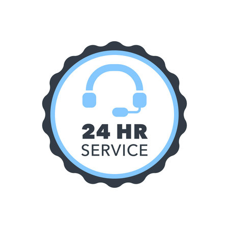 24 Hour Service Badge with Headset Icon and Light Blue Round Shape Vector Illustrationのイラスト素材