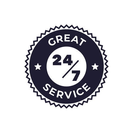 24/7 Great Service Circular Badge with Star Accents Vector Illustrationのイラスト素材