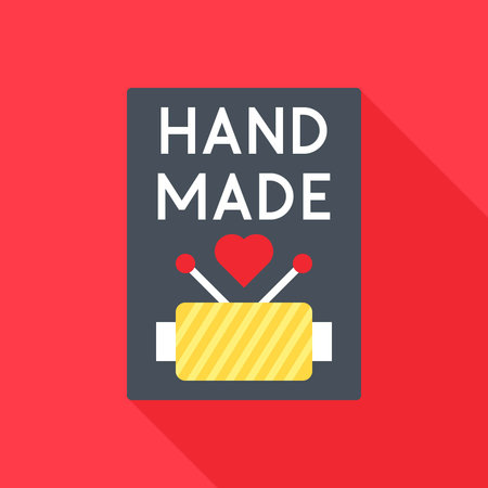 Handmade Badge with Needle and Heart in Gray Layout Frame on Red backgroundのイラスト素材