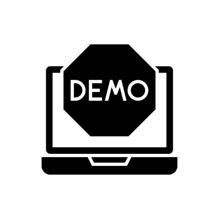 Black and white vector icon showing the word DEMO on a laptop screen in a clean, modern badge formatのイラスト素材