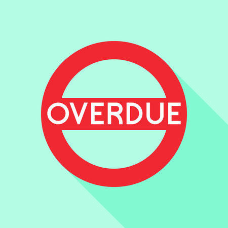 OVERDUE Alert Badge in Red Circle with Cyan Background Vector Illustrationのイラスト素材