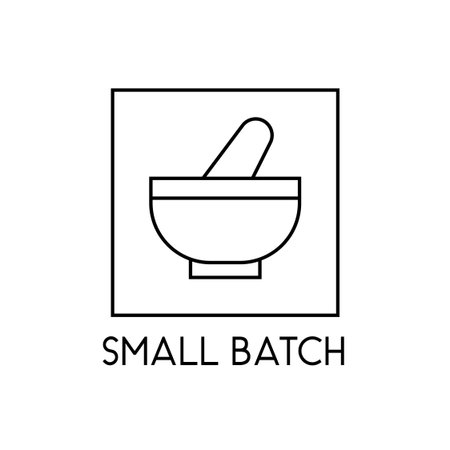 Small batch eco product label with mortar and pestle line art icon vector illustrationのイラスト素材