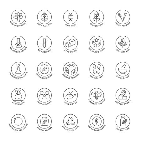 Circle Eco Certification Icons Set Organic Natural Vegan Sustainable Recyclable Packaging Vector Illustrationのイラスト素材