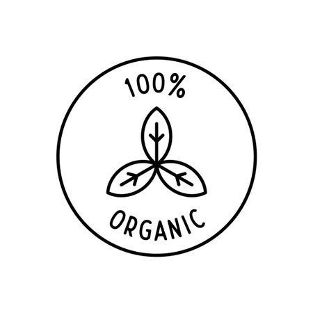Organic round label vector icon with three leaf outline design Vector Illustrationのイラスト素材