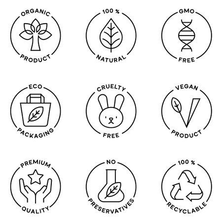Eco Friendly Organic Product Badges with Natural Vegan Cruelty Free GMO Free Premium Quality and Recyclable Labels Vector Illustrationのイラスト素材