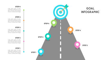 Goal infographic with detailed roadmap steps and colorful milestones leading to target success Vector Illustrationのイラスト素材