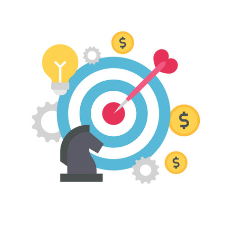 Business Target Goal Flat Vector with Arrow, Chess Piece, Light Bulb, and Dollar Coinsのイラスト素材