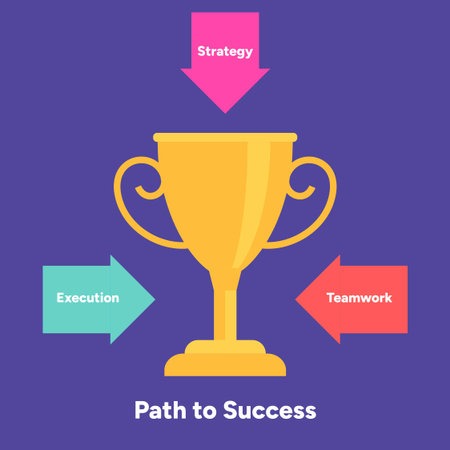 Golden trophy with arrows for strategy, execution, and teamwork concept, designed as a modern vector infographicのイラスト素材