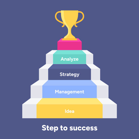 Layered pyramid structure showing idea, management, strategy, and analysis steps leading to trophy success, illustrated as a modern vector infographicのイラスト素材
