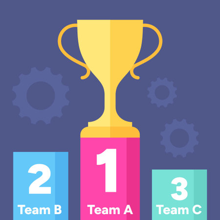 Golden trophy on podium showing first, second, and third team ranking in flat vector infographicのイラスト素材