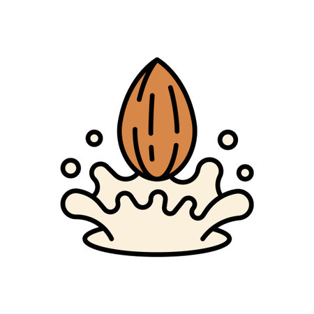 Almond nut splashing into milk wave filled color icon symbolizing plant based beverage and organic healthy nutrition conceptのイラスト素材