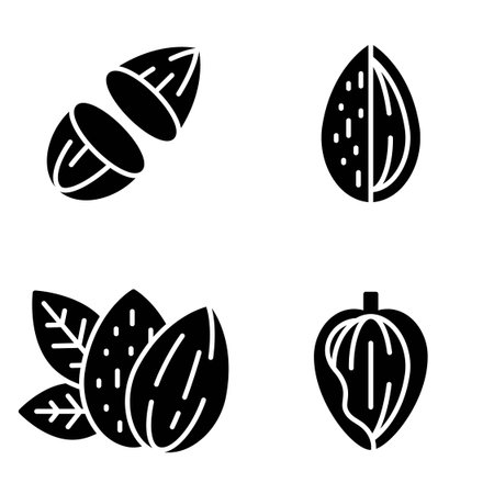 Set of Four Almond Silhouette Icons Featuring Half Cut Dripping Almond Pair with Leaf Shell Vector Illustrationのイラスト素材