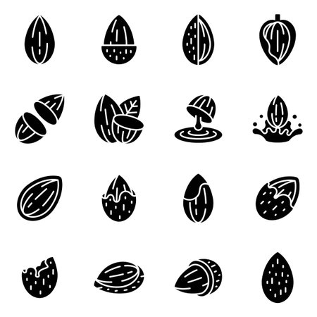 Silhouette Almond and Nut Icons Set with Half Cut, Milk Splash, and Cracked Shell Vector Illustrationのイラスト素材
