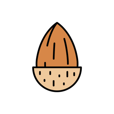 Flat Filled Vector Illustration of a Brown Almond Seed with Shell Textureのイラスト素材