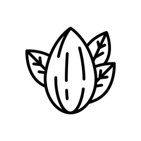 Outline Vector Illustration of a Whole Almond Nut and Green Leaves Representing Fresh Organic Foodのイラスト素材